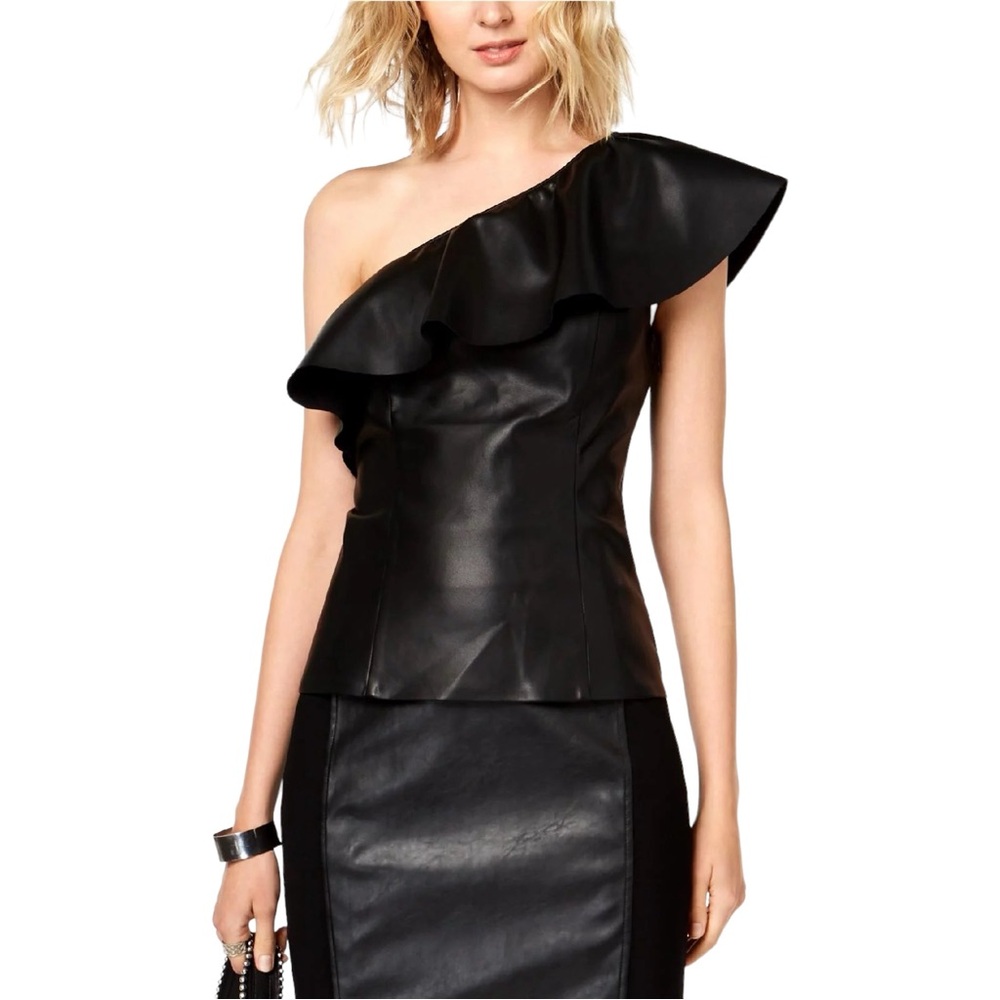 INC International Concepts Women's‎ Faux-Leather One-Shoulder Top Deep Black